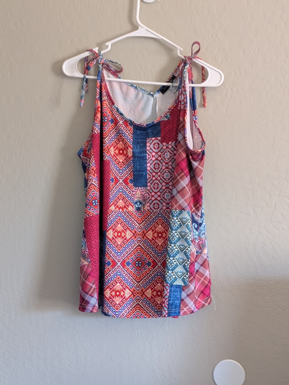 Boho Flowy Tie-Shoulder Red Patchwork Print Tank Top